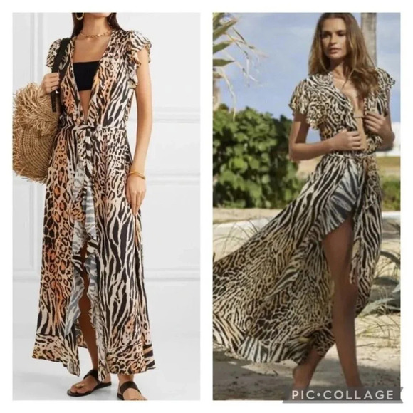 Melissa Odabash Brianna Wrap Dress Cover Up Leopard Maxi Animal Print Ruffle XS - Picture 1 of 10